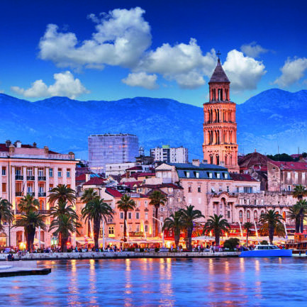 Split, Croatia. View of Split - the second largest city of Croatia at night. Shore of the Adriatic Sea and famous Palace of the Emperor Diocletian. Traveling concept background. Mediterranean countries.