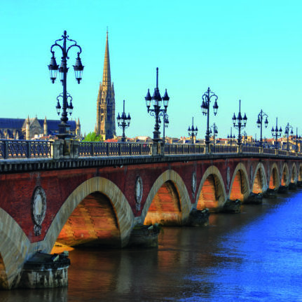 Bordeaux river bridge with St Michel cathedral