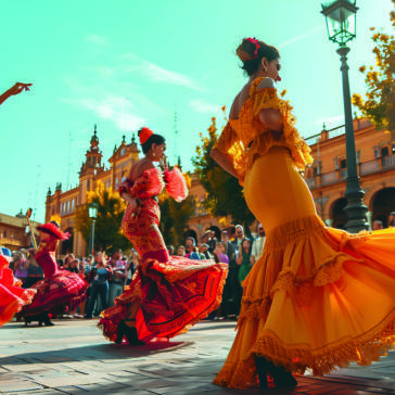 Colorful costumes, passionate expressions, intricate footwork - a lively flamenco dance performance in Seville.