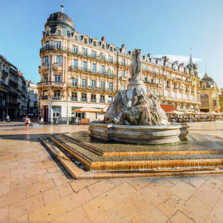 View on the Comedy square with fountain of Three Graces during the morning light in Montpellier city in southern France
