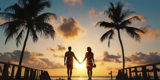 verlibestes Paar am Strand bei Sonnenuntergang