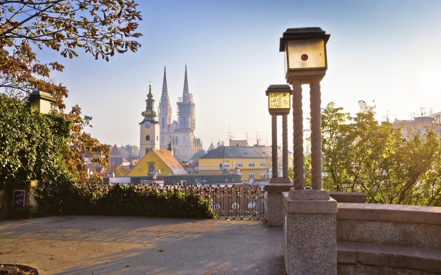 Historic Zagreb towers sunrise view